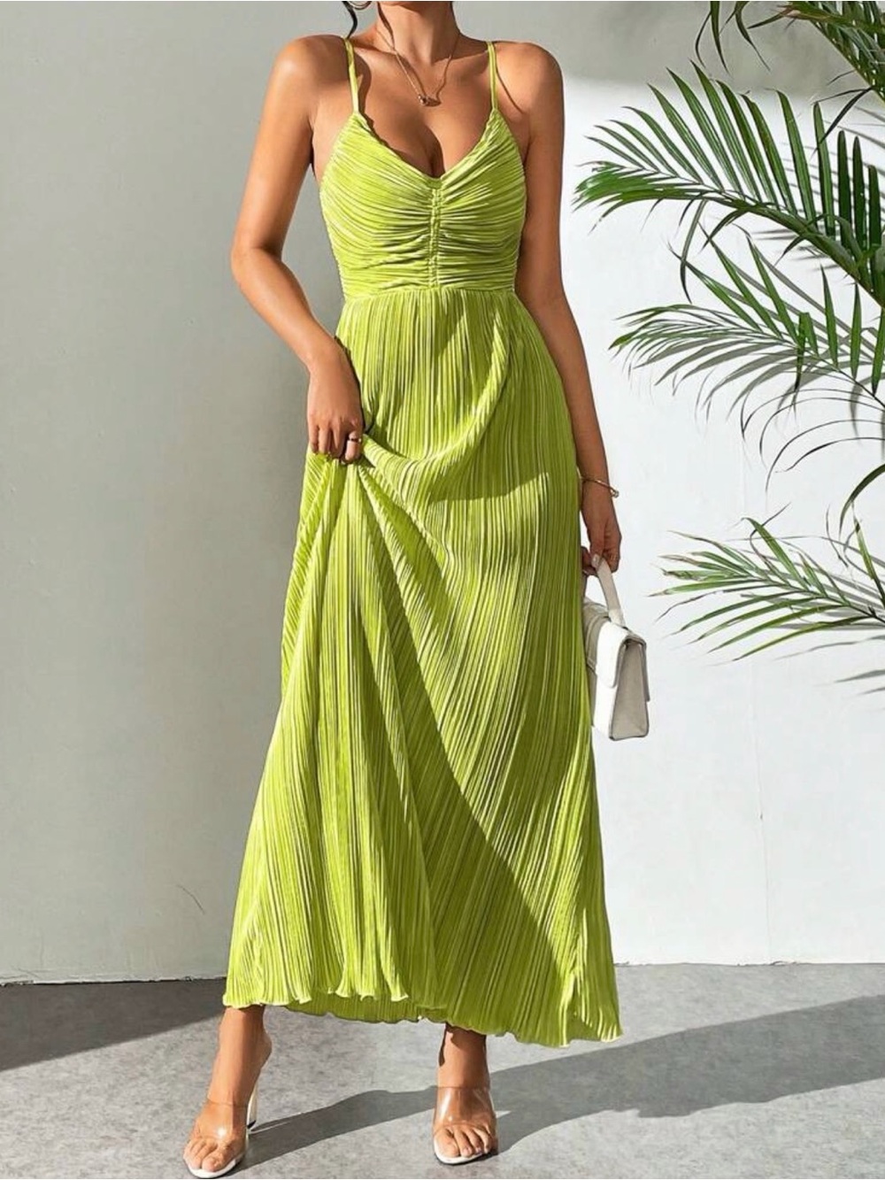 Lime Green Pleated Spaghetti-Strap Maxi Dress - Picture 3 of 5